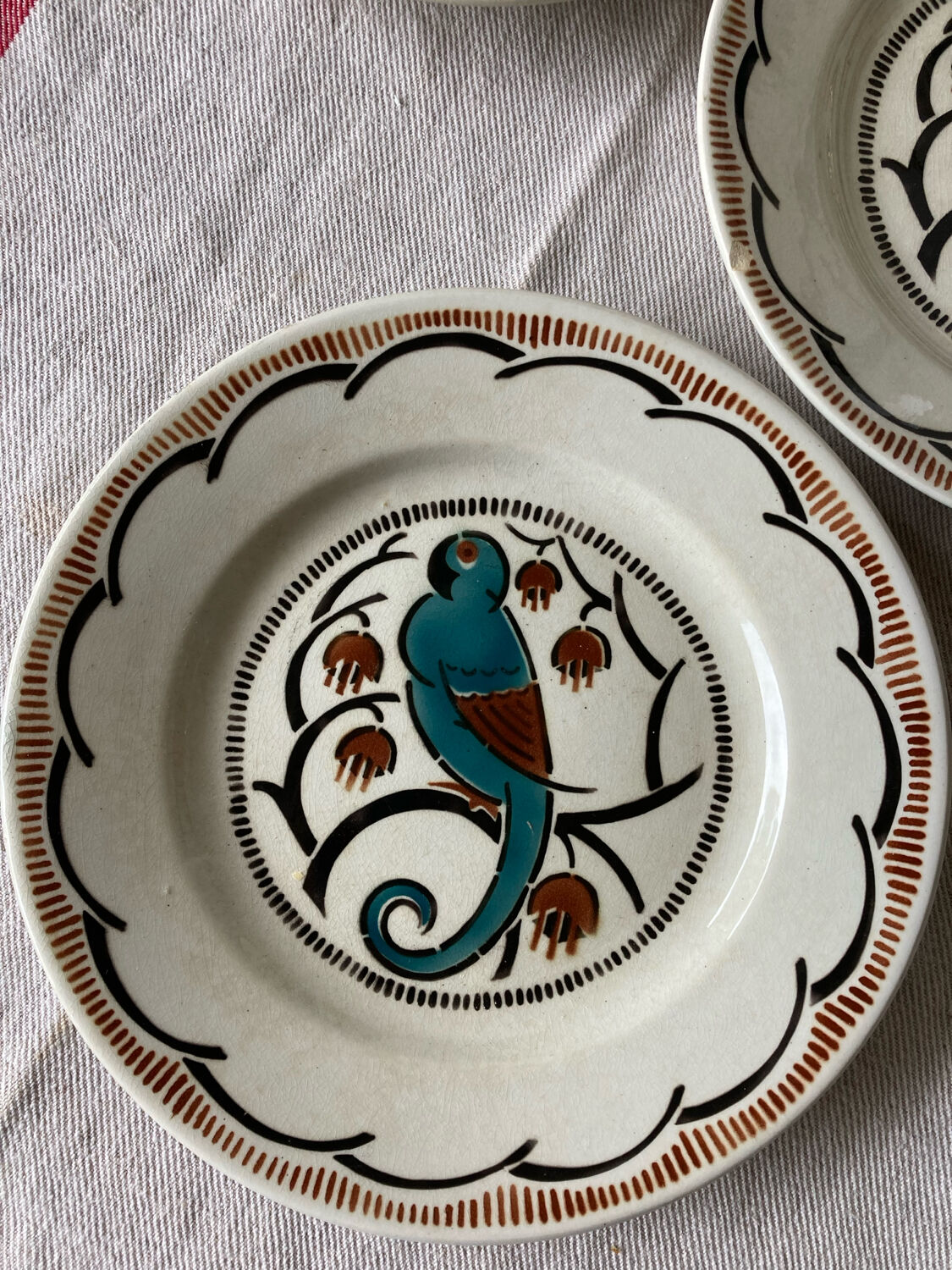 Dessert plates and serving dish, K&G Luneville, parakeet model.