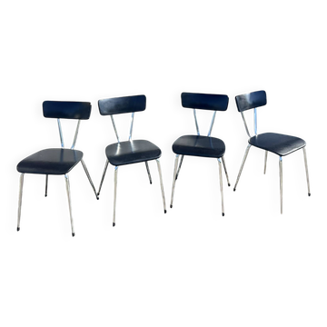 Lot of 4 vintage black faux leather chairs with chrome metal.
