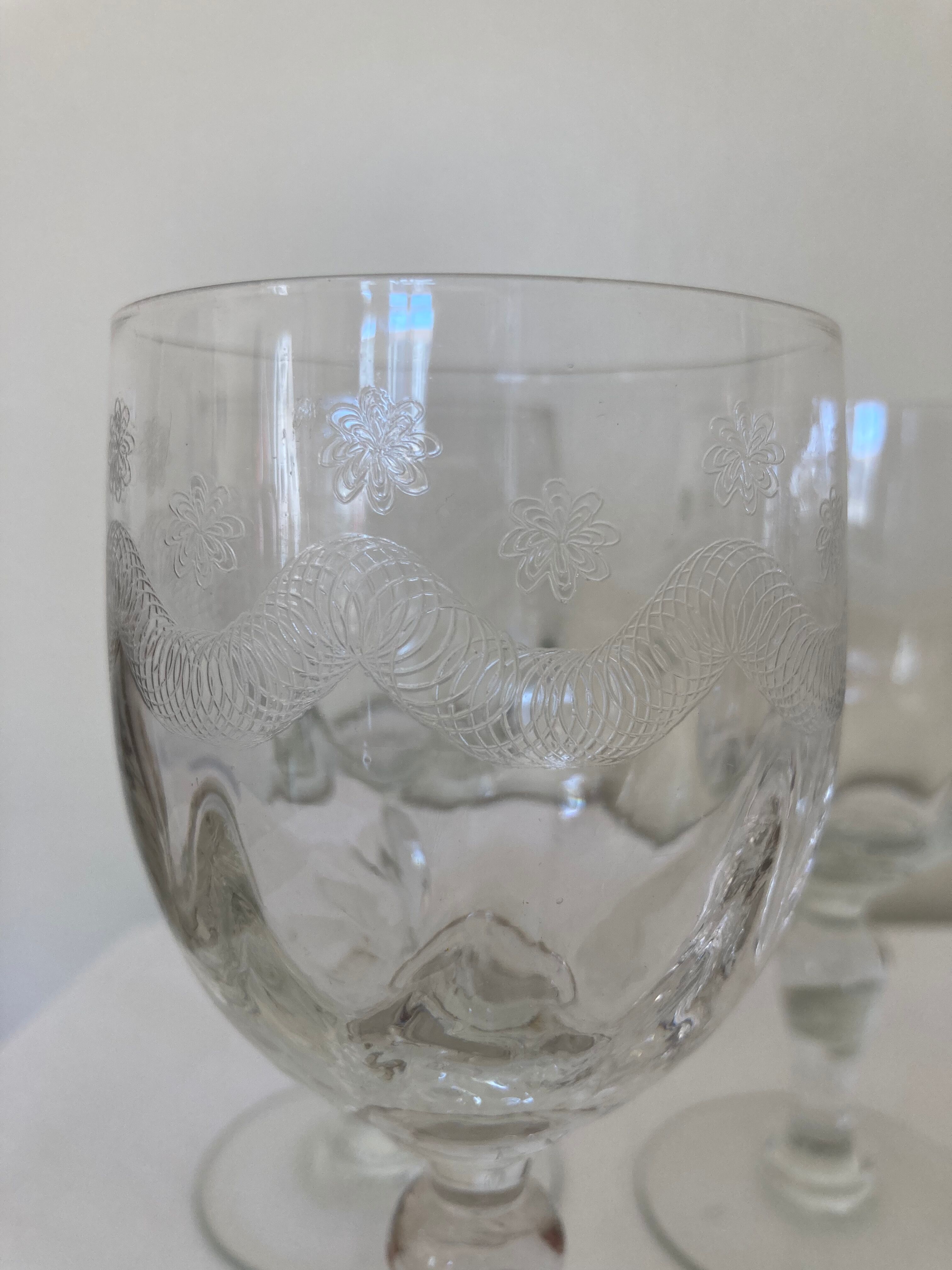 Set of 7 water glasses engraved crystal from Portieux