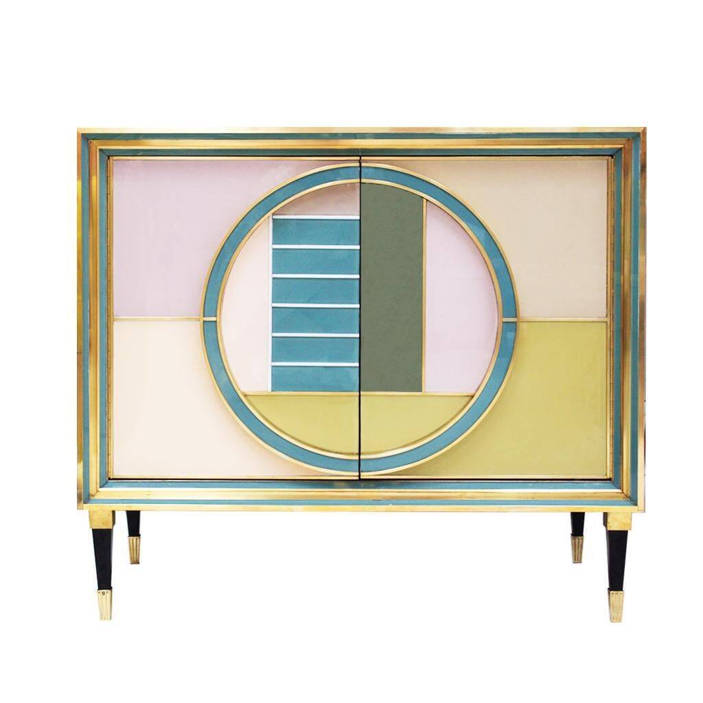 Mid-Century Modern Style Italian Cabinet Wood, Brass and Colored Glass
