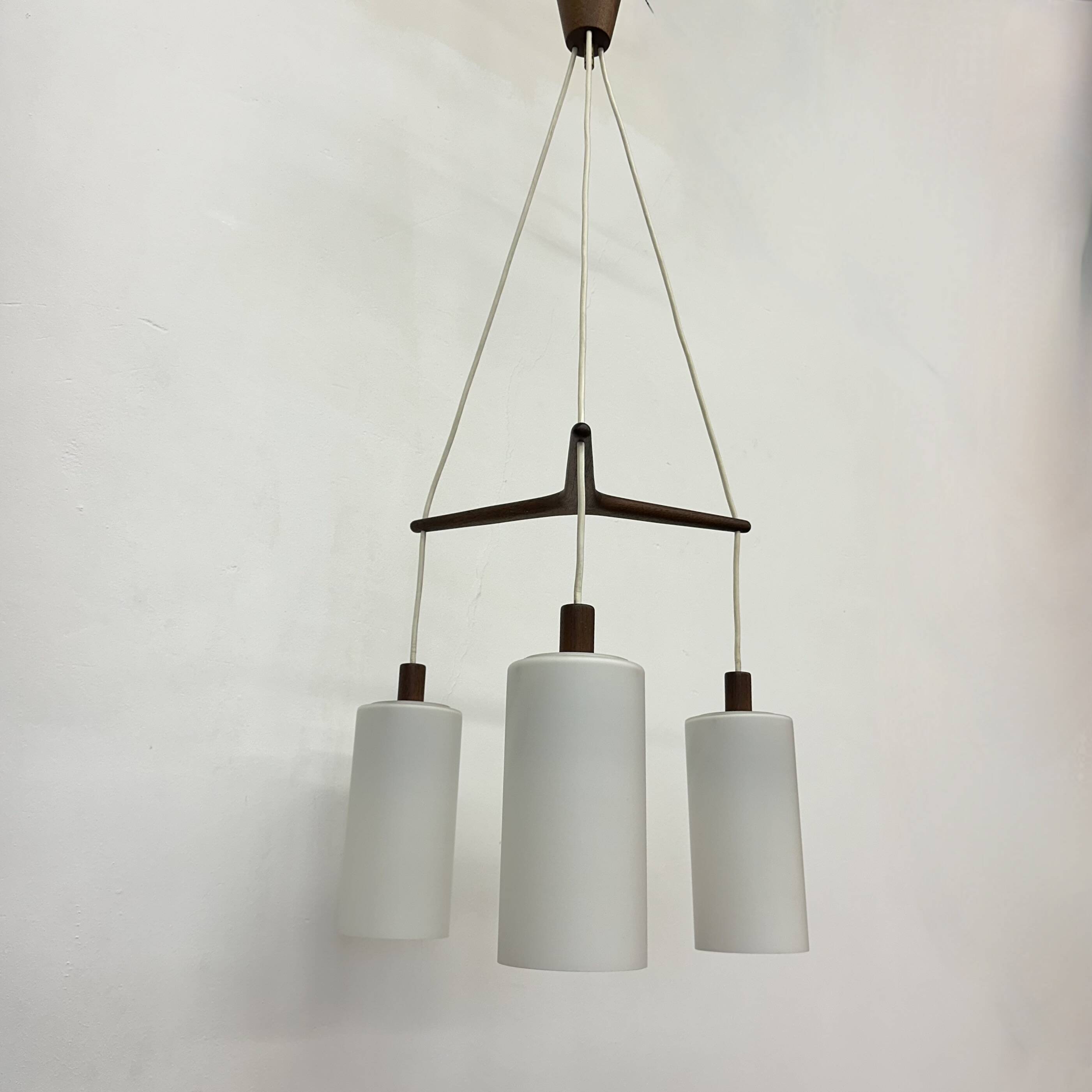 Mid-century design pendant lamp teak and opaline glass , 1970s