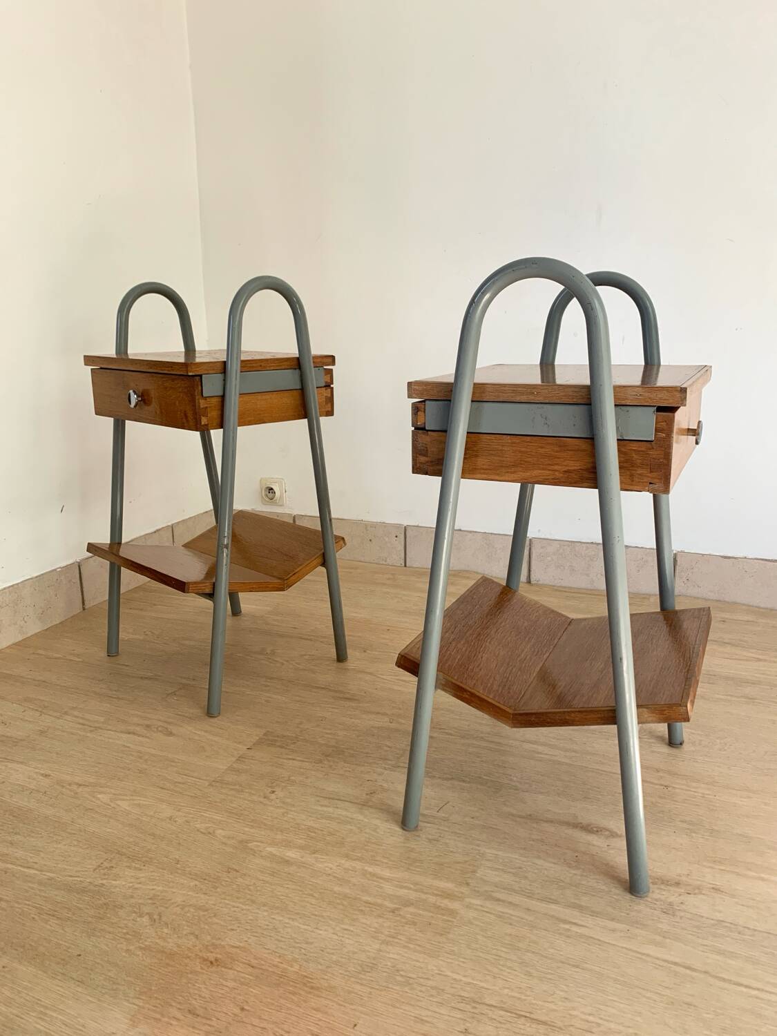 Pair of vintage boarding school bedside tables