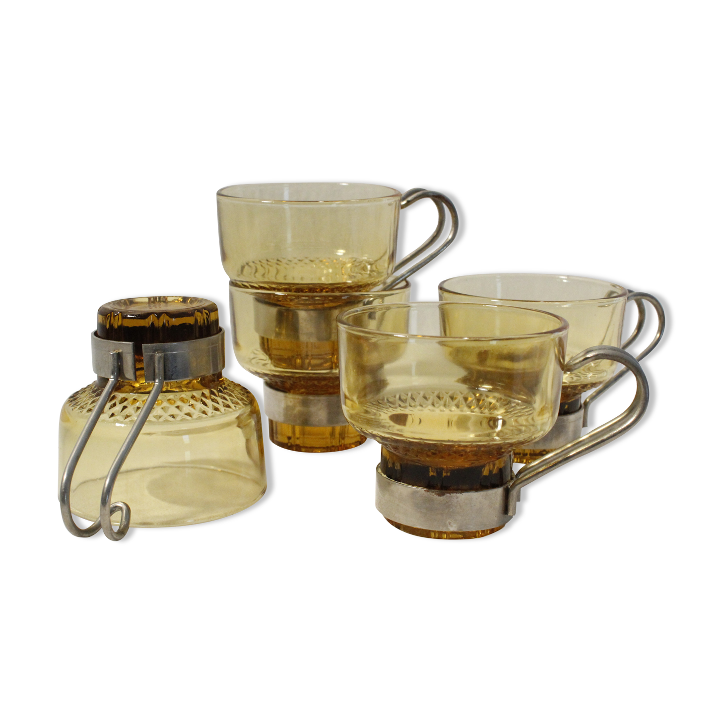 Coffee cups x5 - amber glass and metal handle - Made in Italy