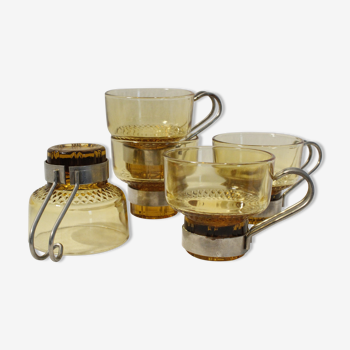 Tasses à café x5 verre ambré et anse métal made in Italy