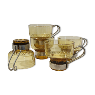 Coffee cups x5 - amber glass and metal handle - Made in Italy