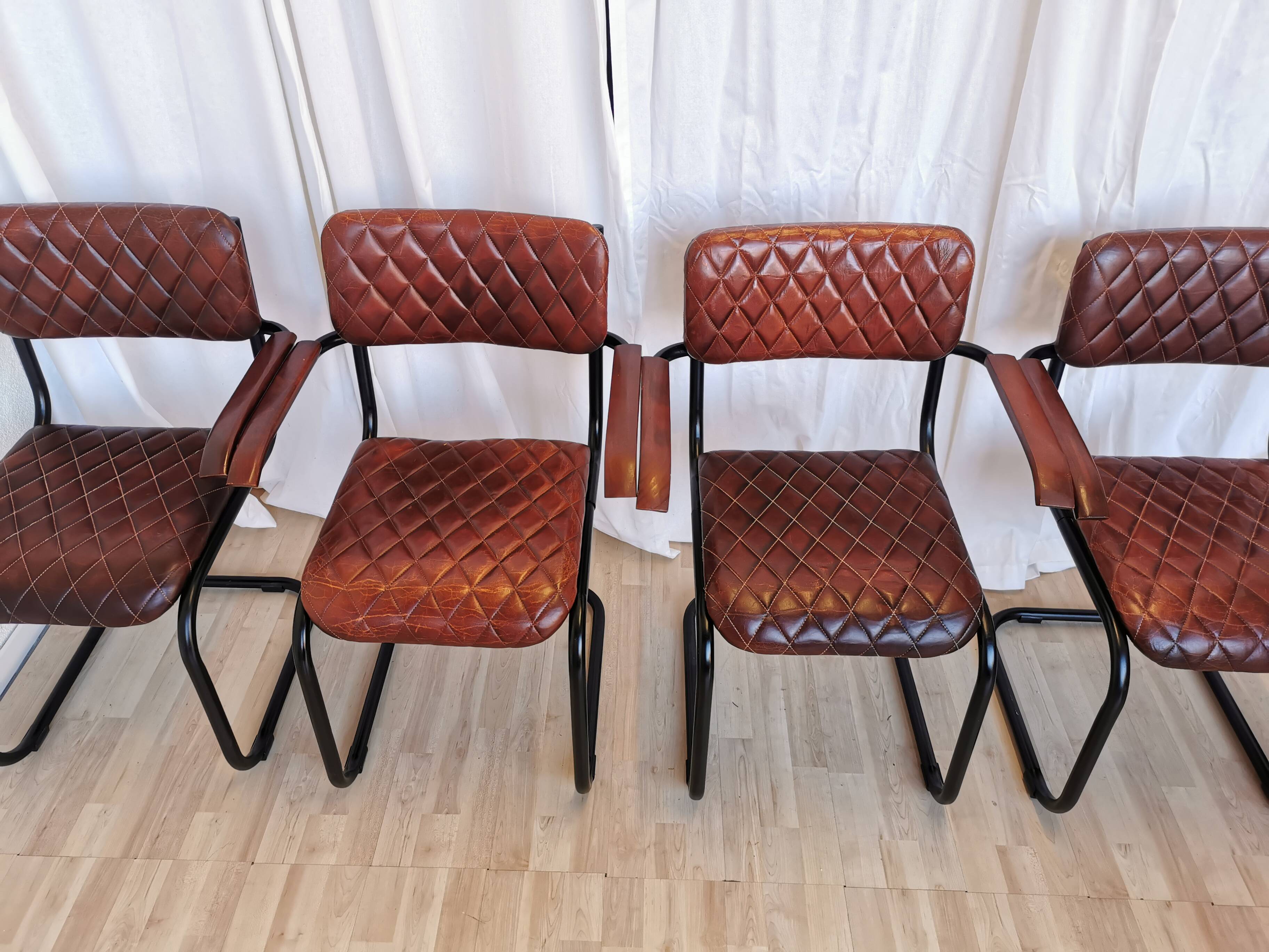 Set of 4 Vintage Quilted Leather Dining Chairs: Black Metal Base