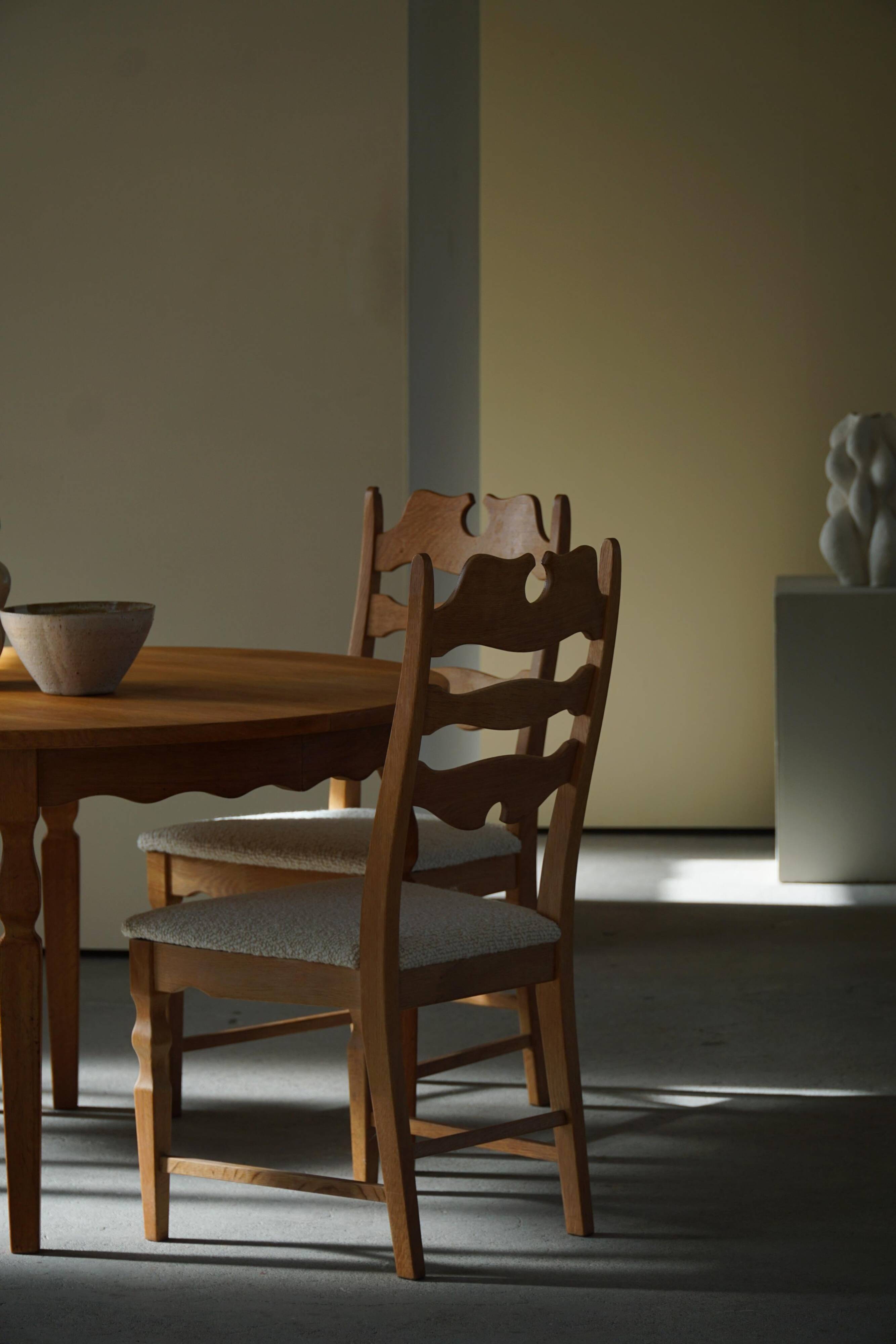Set of 4 "Razorblade" high back chairs in oak & boucle, Henning Kjærnulf, 1960s