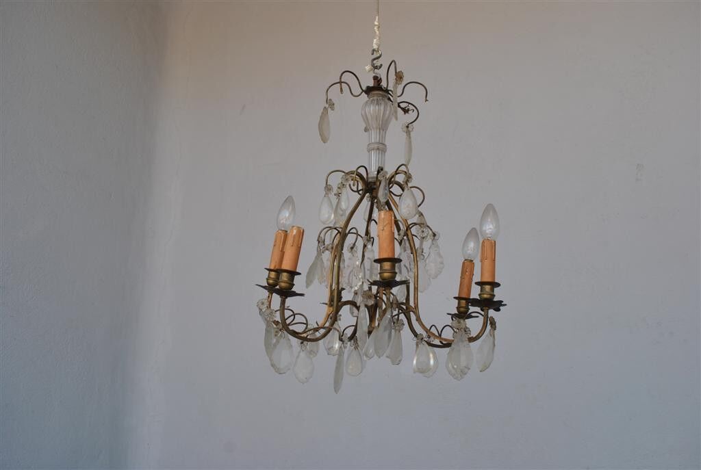 Lustre à pampille de style Louis XV bronze doré 6 feux