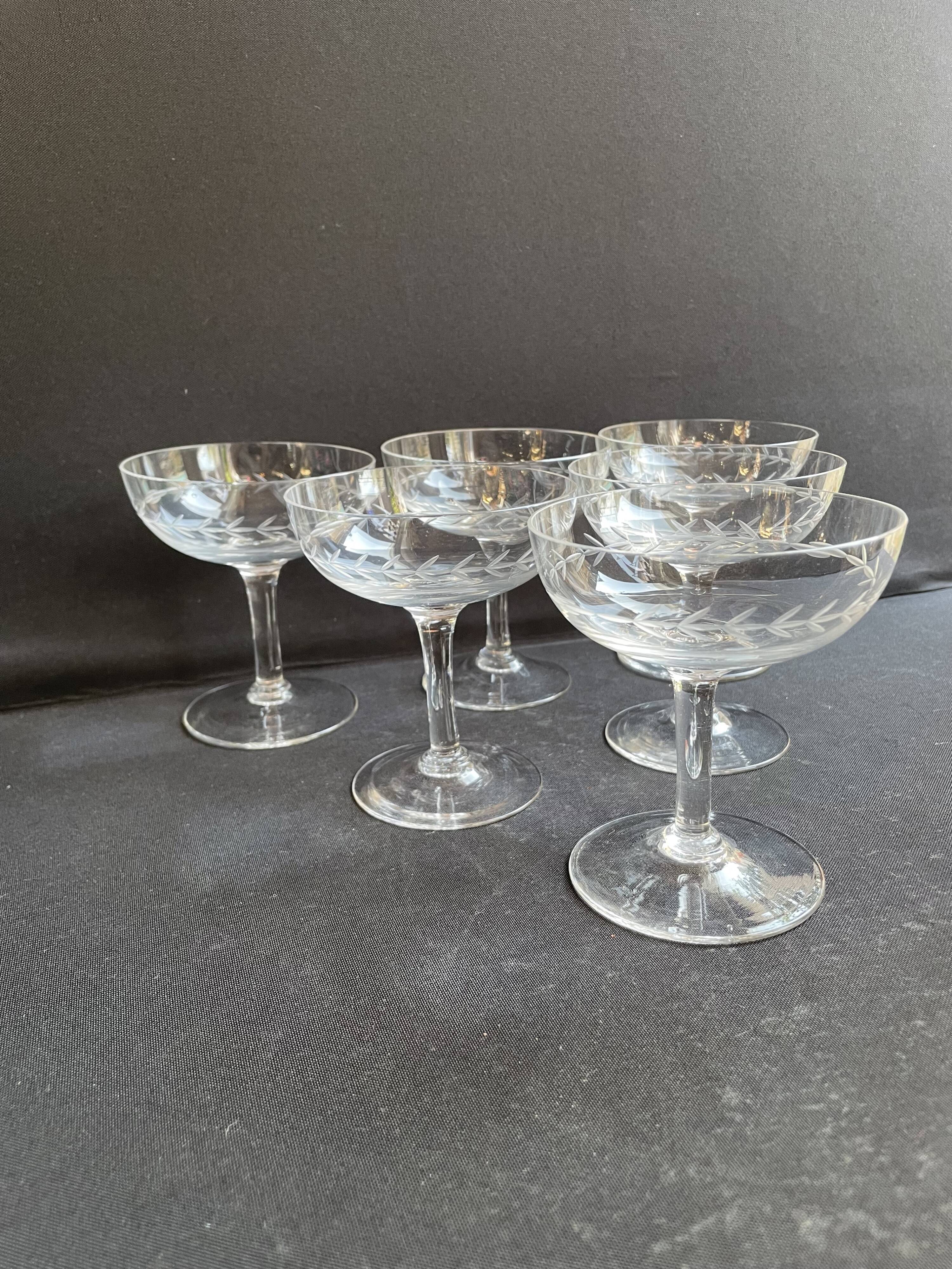 6 Blown and Cut Champagne Glasses