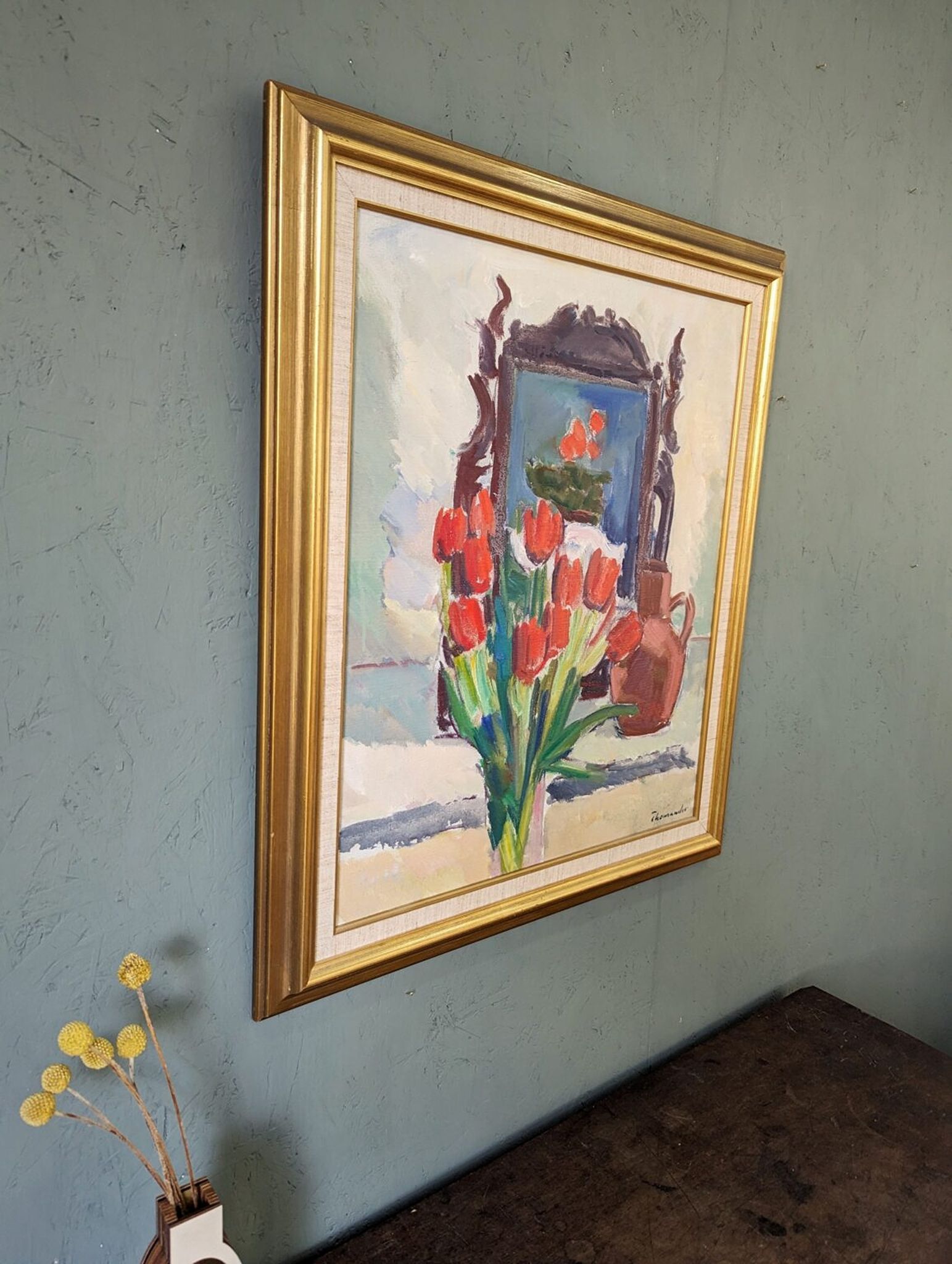 Mid-Century Modern "Window Red Tulips", Swedish Interior Still Life Oil Painting, Framed