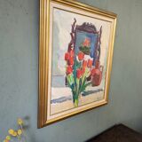 Mid-Century Modern "Window Red Tulips", Swedish Interior Still Life Oil Painting, Framed