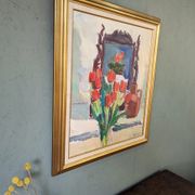Mid-Century Modern "Window Red Tulips", Swedish Interior Still Life Oil Painting, Framed