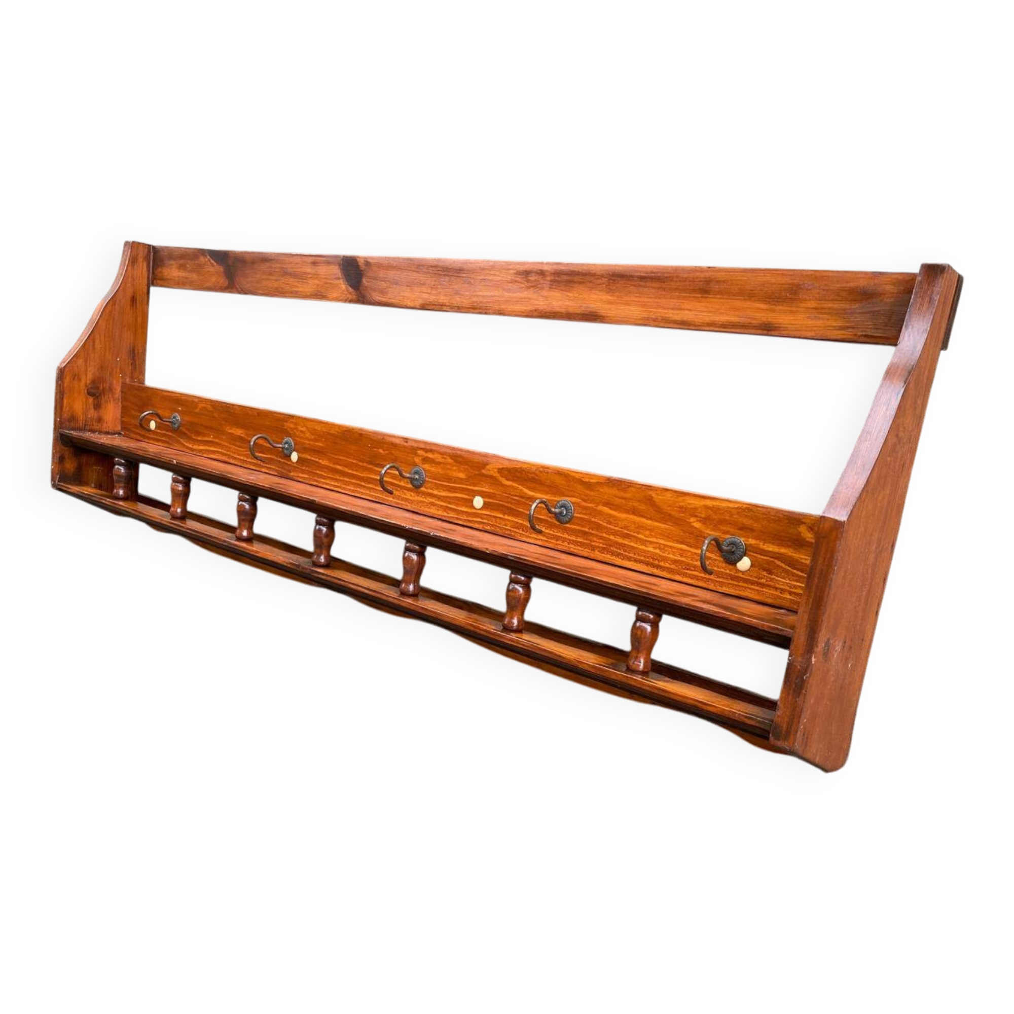 Solid wood wall shelf with 6 hooks coat rack