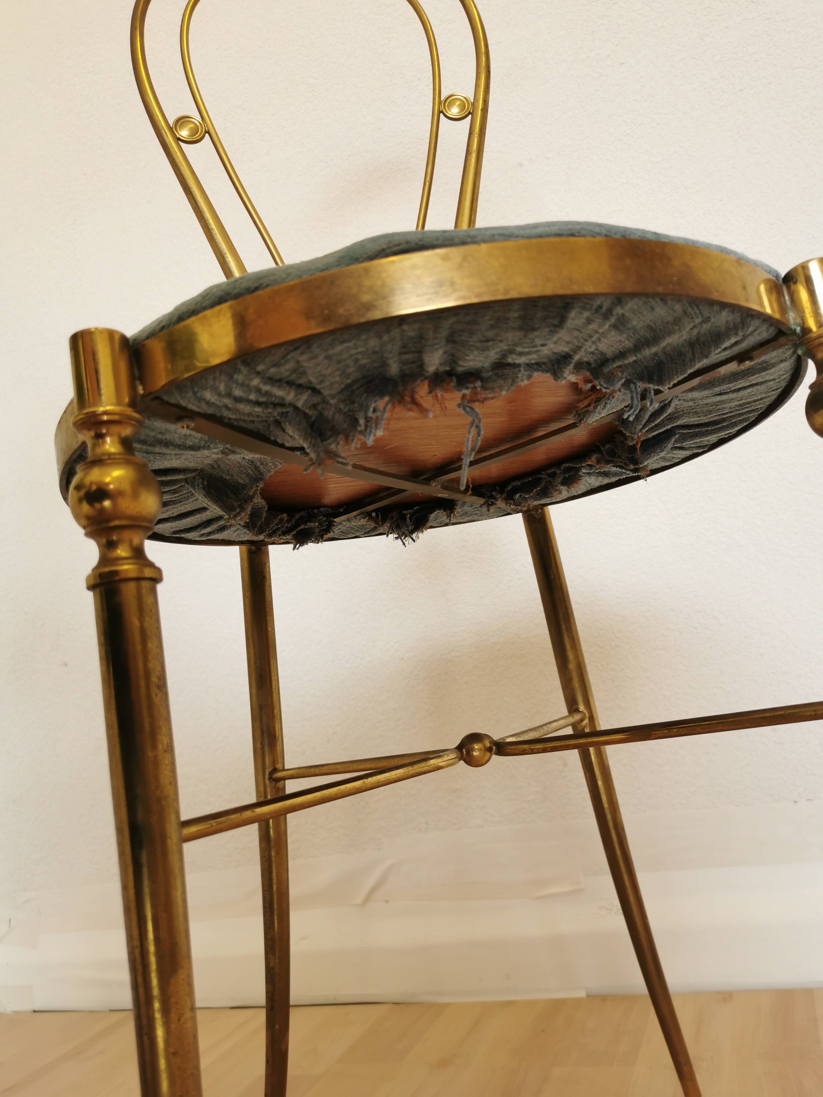 Vintage Paolo Buffa Brass Vanity Chair: Chiavari Style, Blue Fabric, 1950s