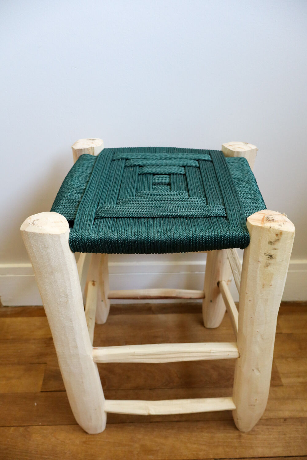 Moroccan stool bohemian wood and nylon emerald green