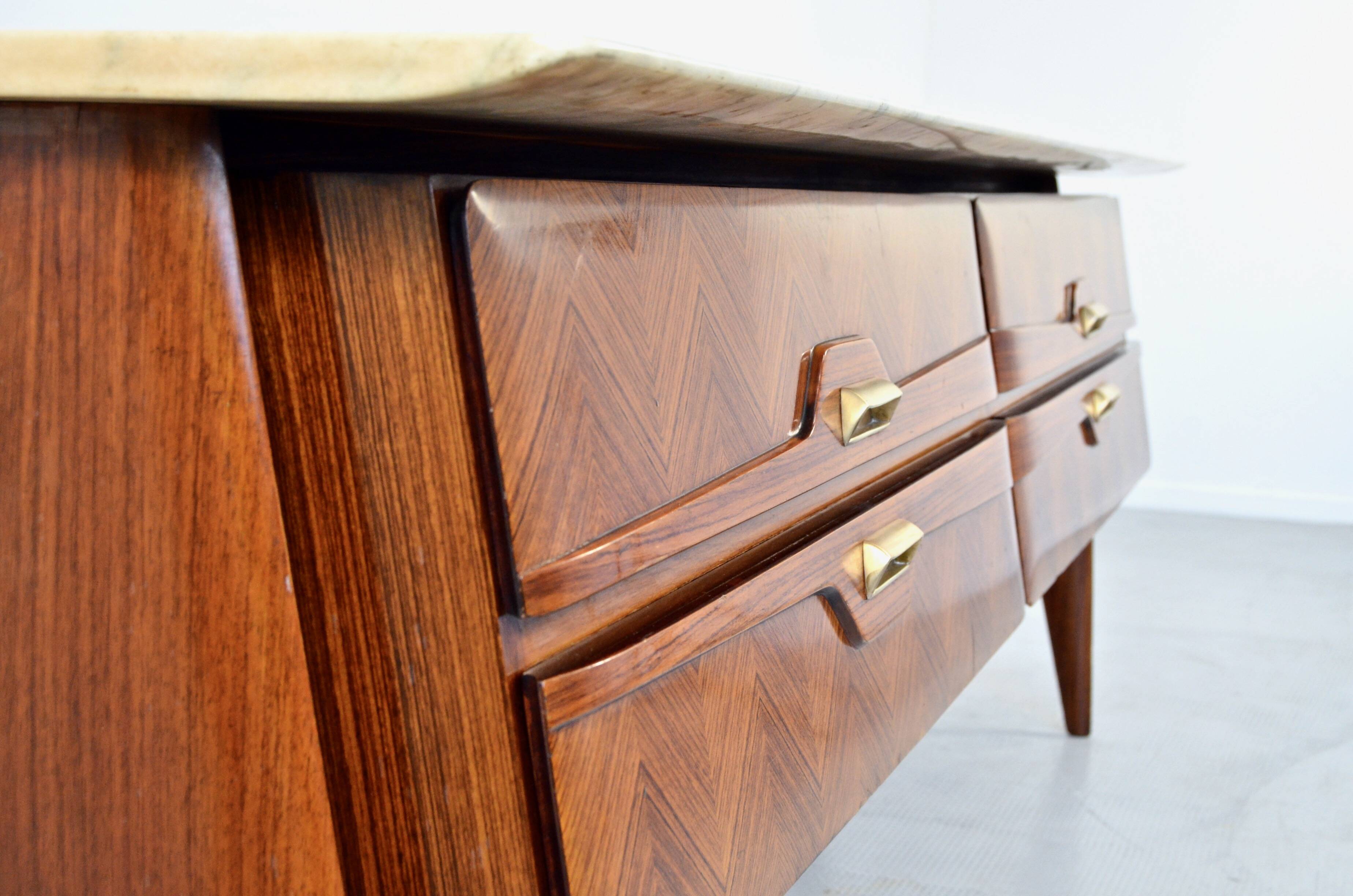 Italian Midcentury Sideboard in Rosewood, Carrara Marble and Brass