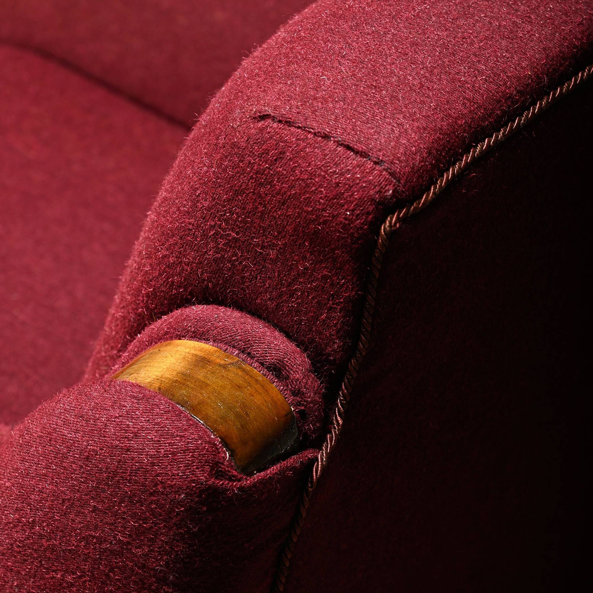Pair Danish cabinetmaker Art Deco Armchairs in burgundy wool fabric