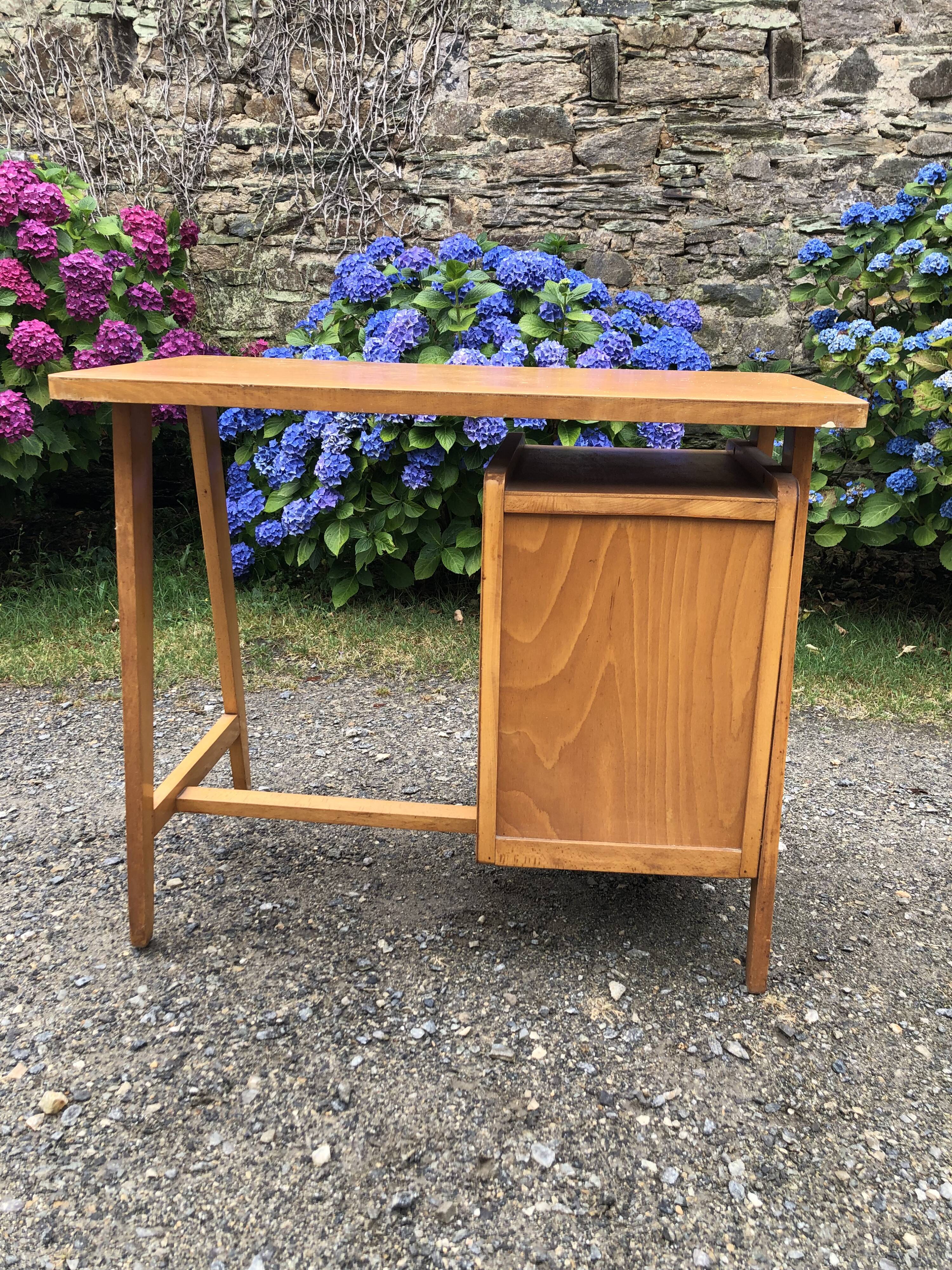 Vintage desk with beech compass legs with 3 drawers.