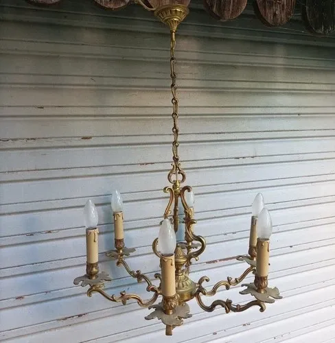 Antique cage chandelier in bronze, 6 lights, Louis XV style, in working condition, 4.8 kg.