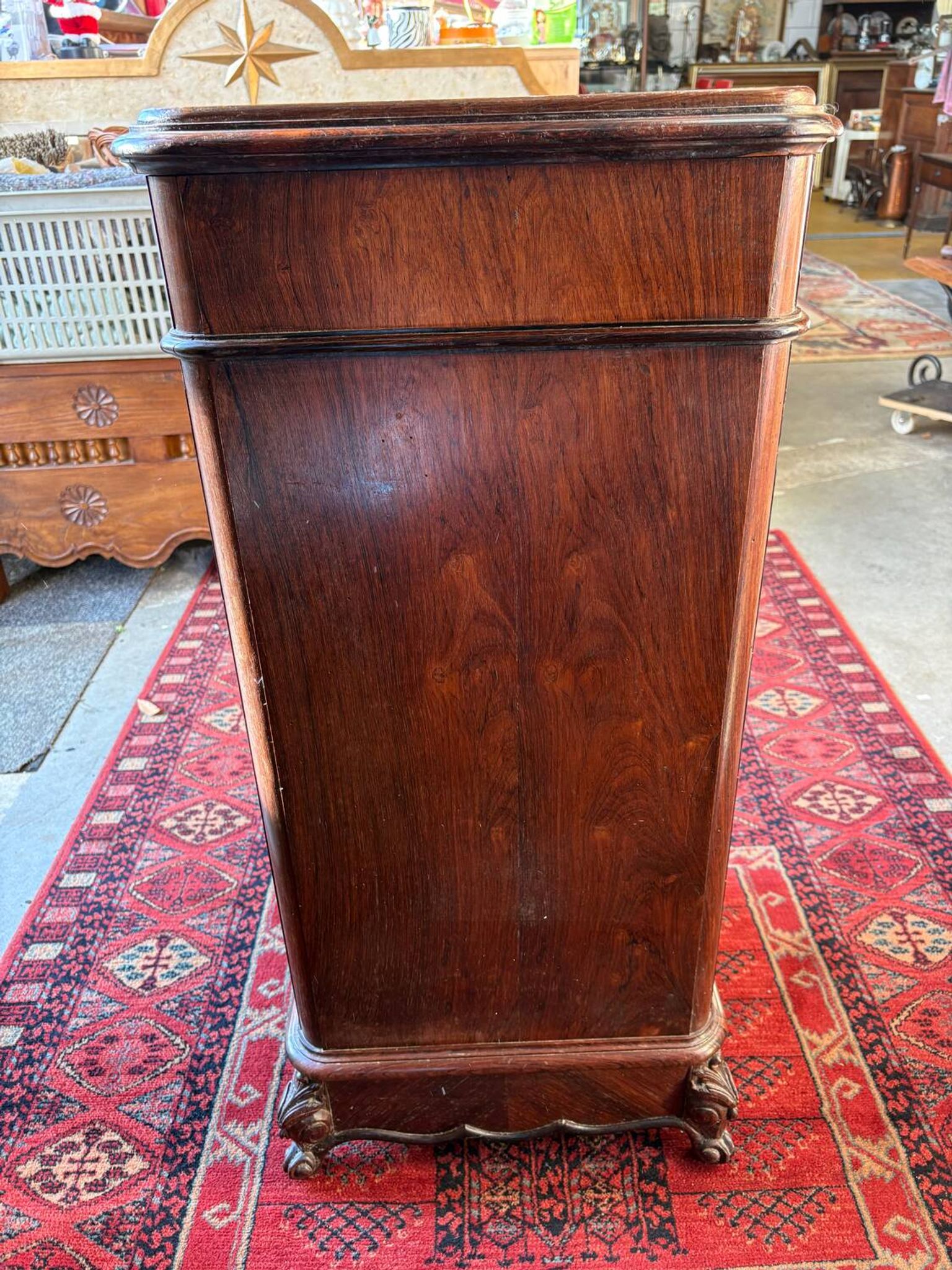Antique Louis XV style bedside table, marble niche, marquetry, late 19th century