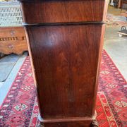 Antique Louis XV style bedside table, marble niche, marquetry, late 19th century