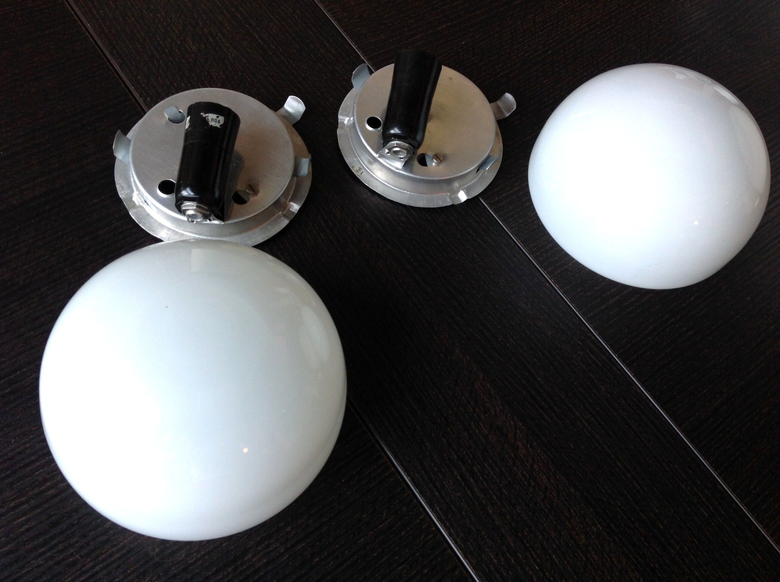 Pair of globe half moon ceiling lights in opaline vintage 60s-70s