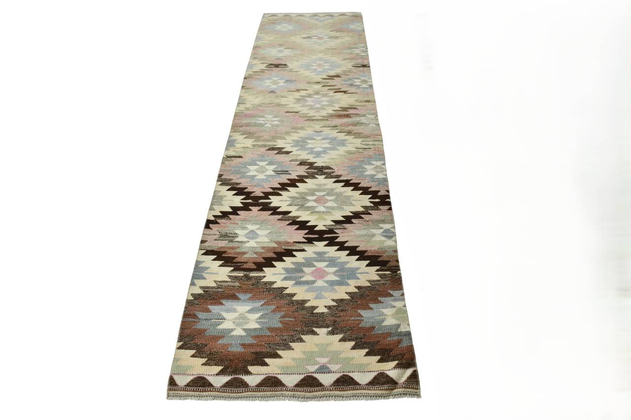 3x10 Cream & Brown Vintage Kilim Runner Rug, 81x306Cm