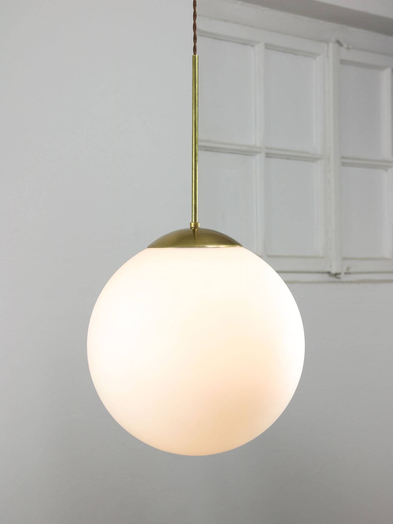 Large mid-century italian opaline & brass sphere pendant lamp