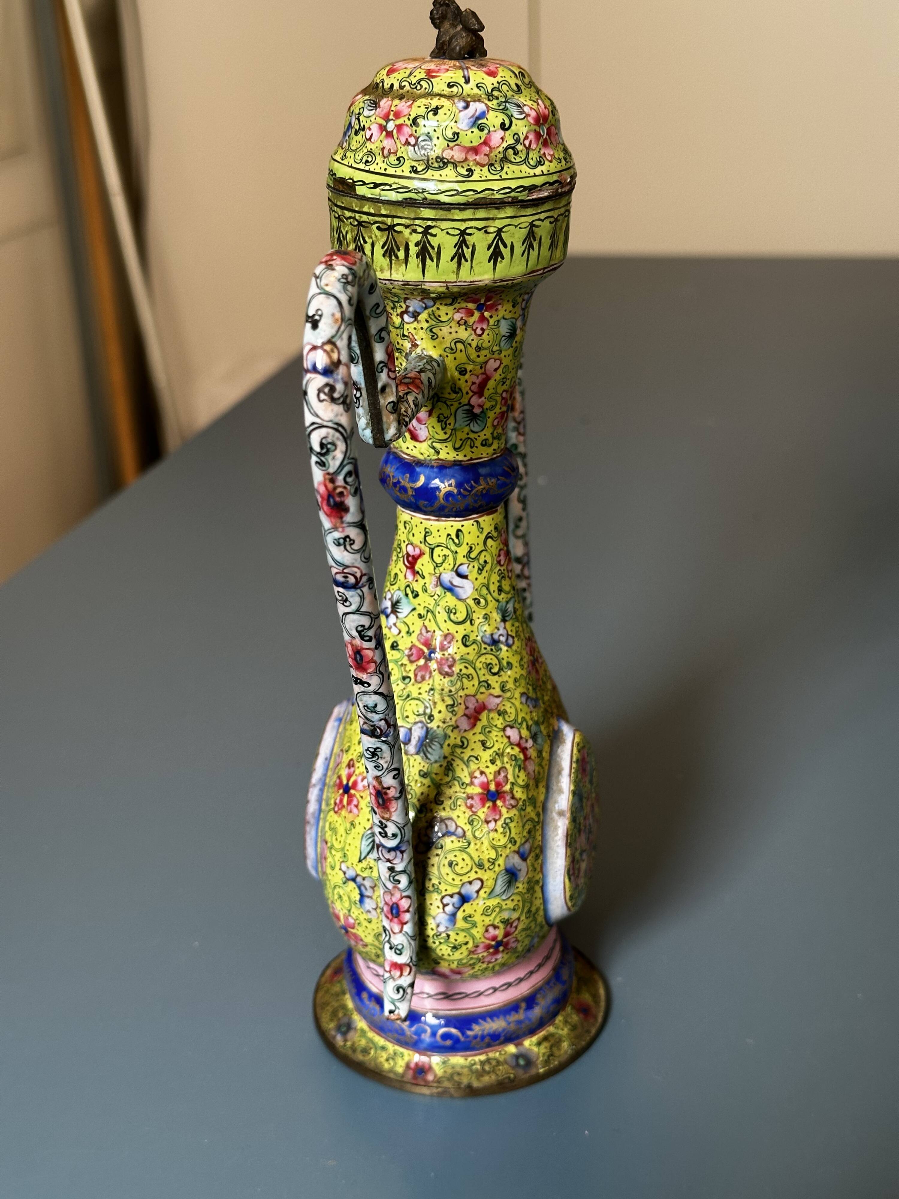 Chinese ewer in painted enamel on copper – floral decoration - Canton 18
