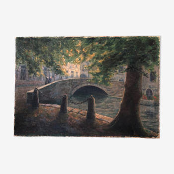 Oil on canvas, "View of Bruges" by the painter L. Lavoix, late 19th century