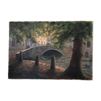 Oil on canvas, "View of Bruges" by the painter L. Lavoix, late 19th century