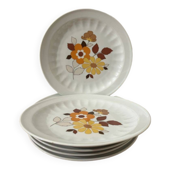 Vintage-Lot de 6 assiettes plates porcelaine à fleurs-tons orange et marron