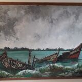 Tableau à l'huile de marine, épaves de bateaux