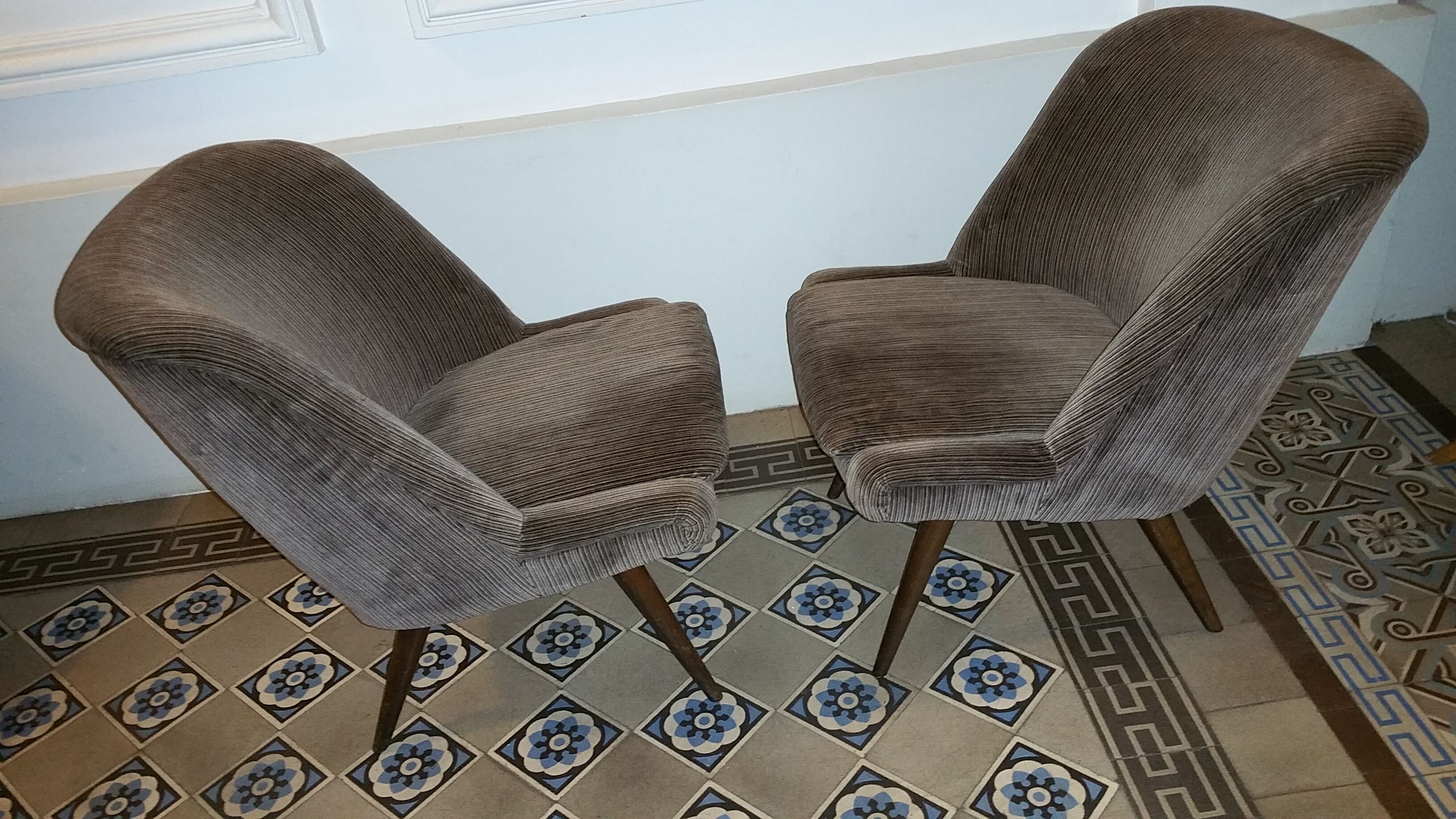 Restored low chair in velvet fabric 50s 60s