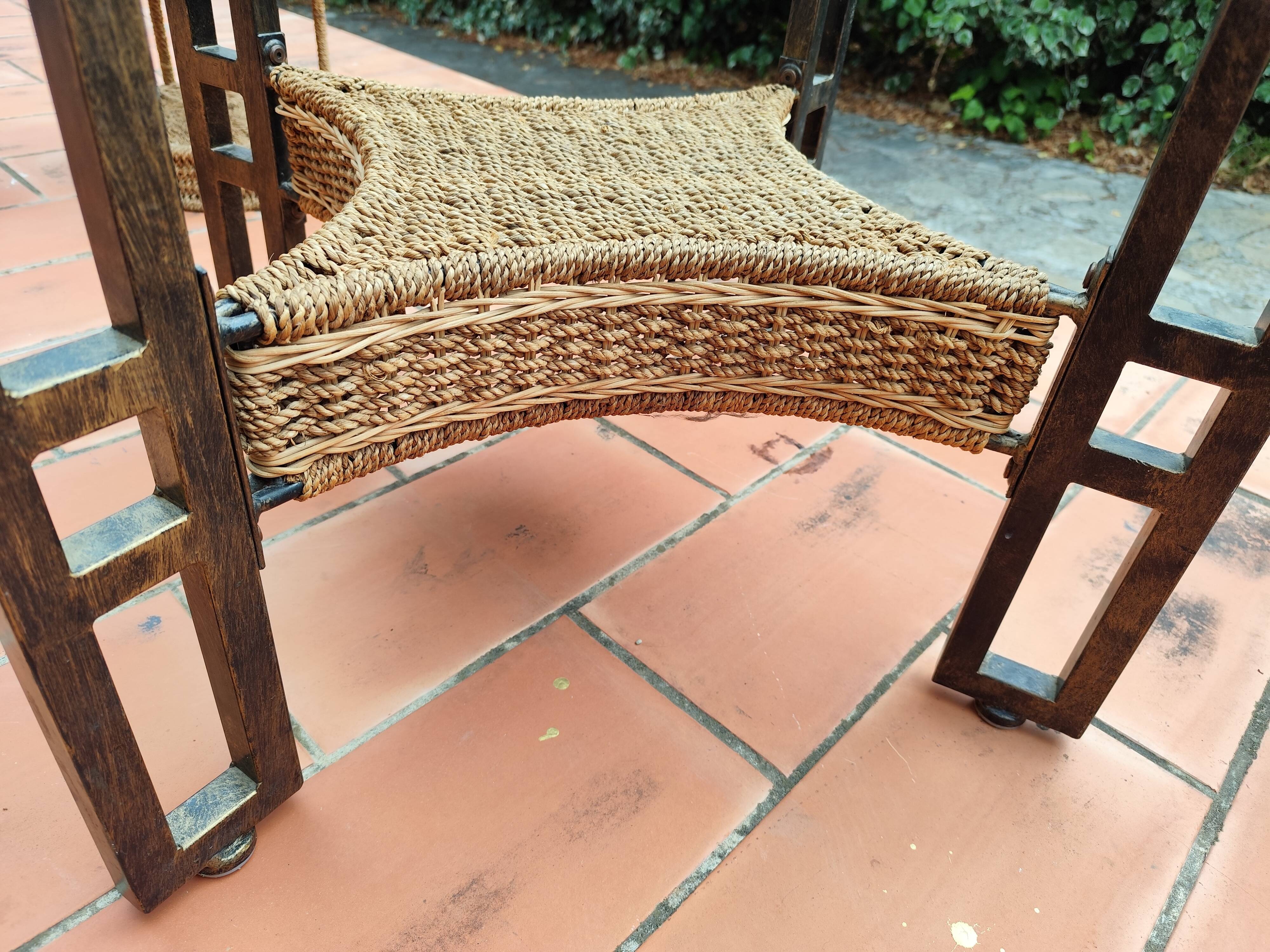 Vintage 1970s rope & rattan coffee table and 4 stools
