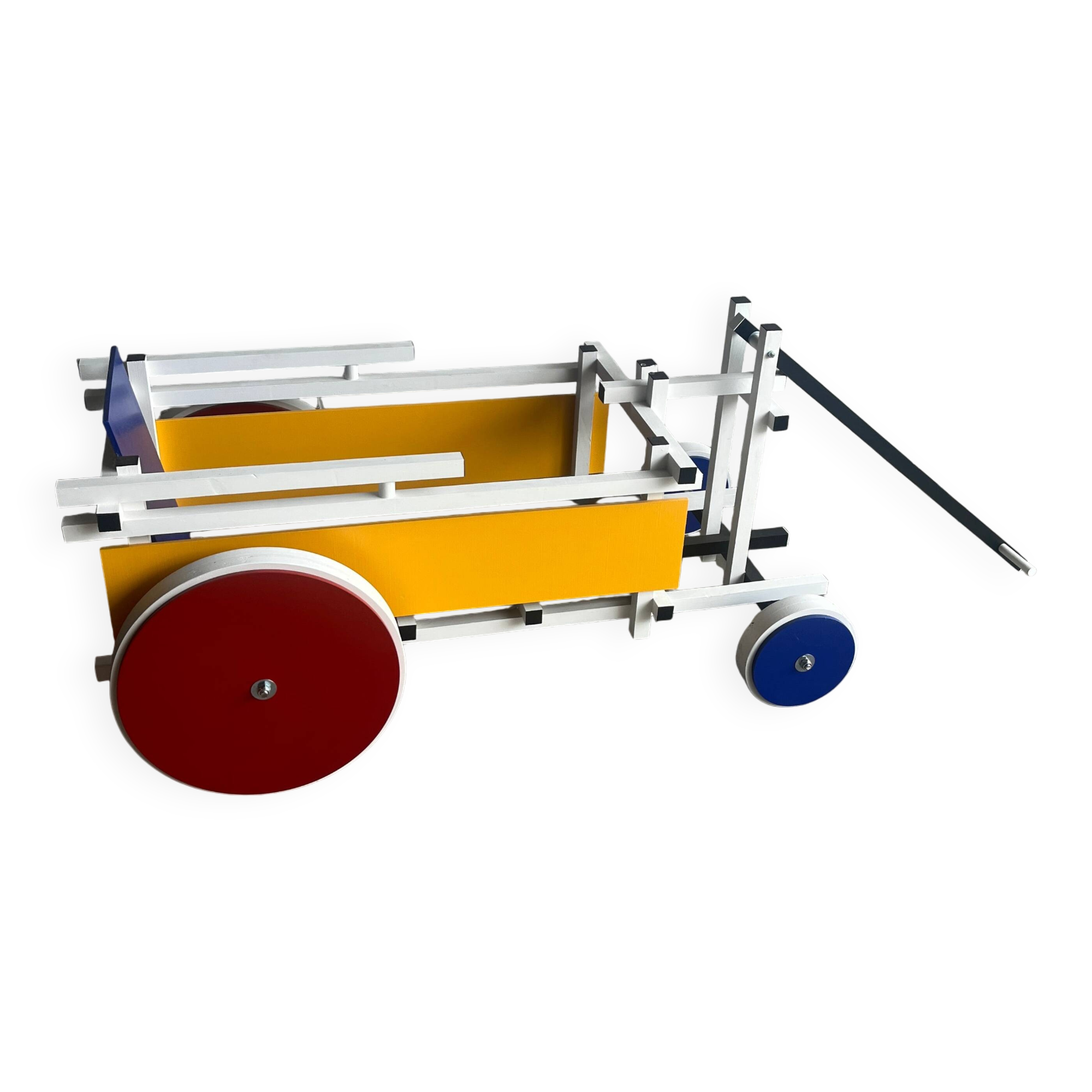 Rietveld-style De Stijl handcart in painted wood — white frame with red, blue, yellow accents