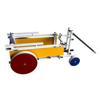 Rietveld-style De Stijl handcart in painted wood — white frame with red, blue, yellow accents