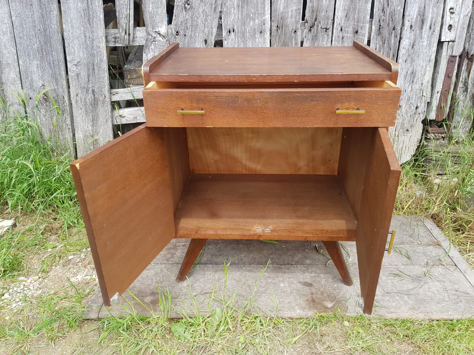 Old Chest of Drawers Drawer + Doors Wood Feet Compass 70s Vintage