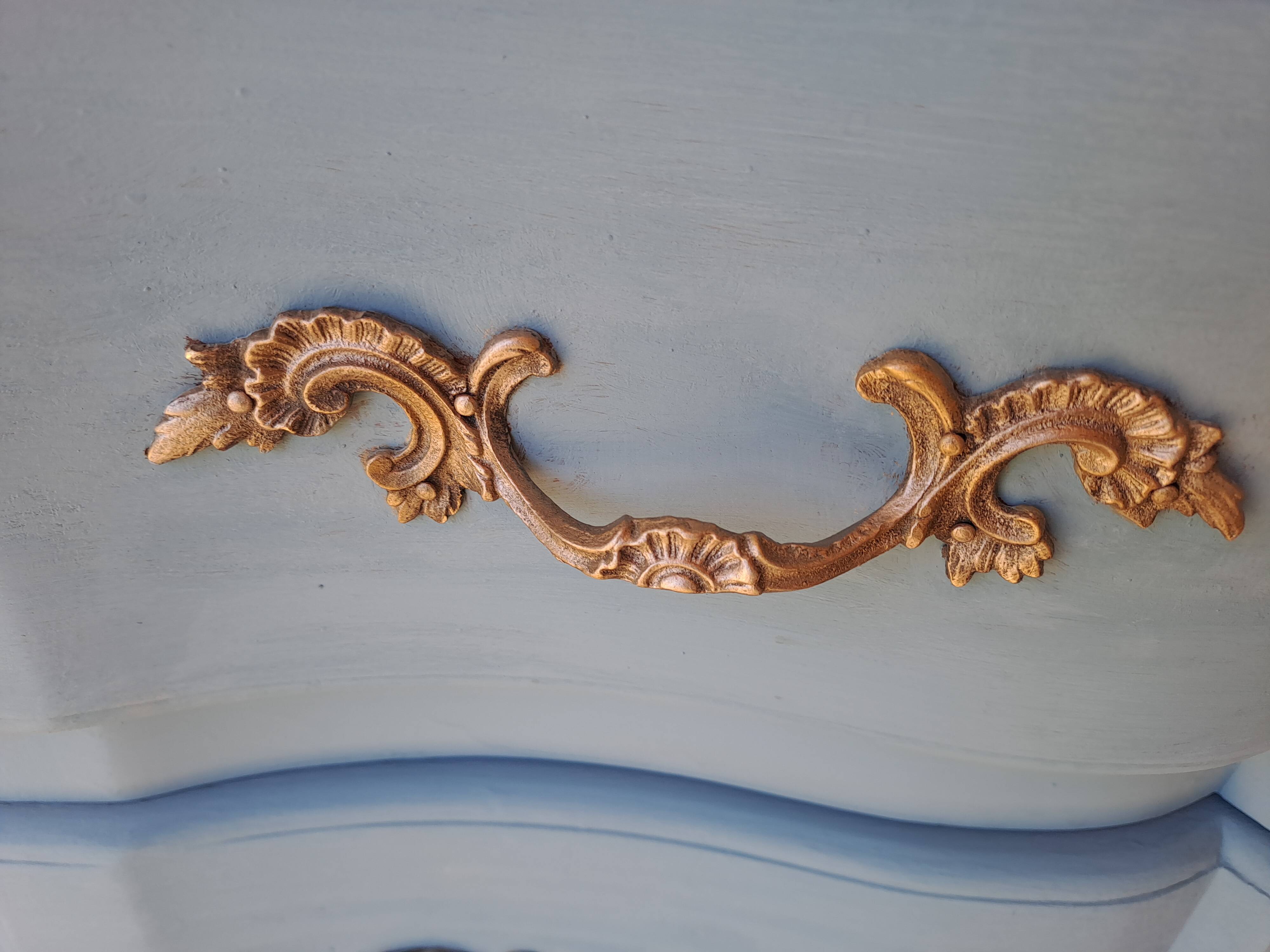 Louis XV style solid wood chest of drawers repainted in lagoon blue with 2 drawers