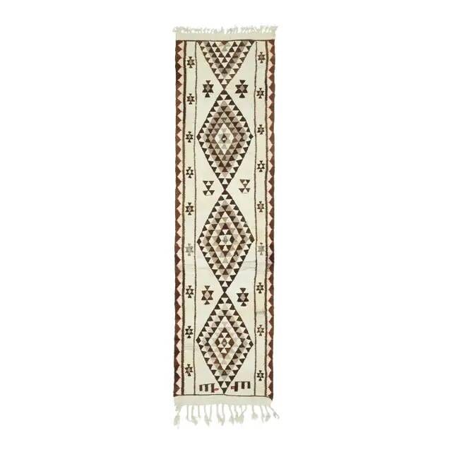 1970s Vintage Turkish Hand-Knotted Wool Cotton Beige Runner Rug 92x355