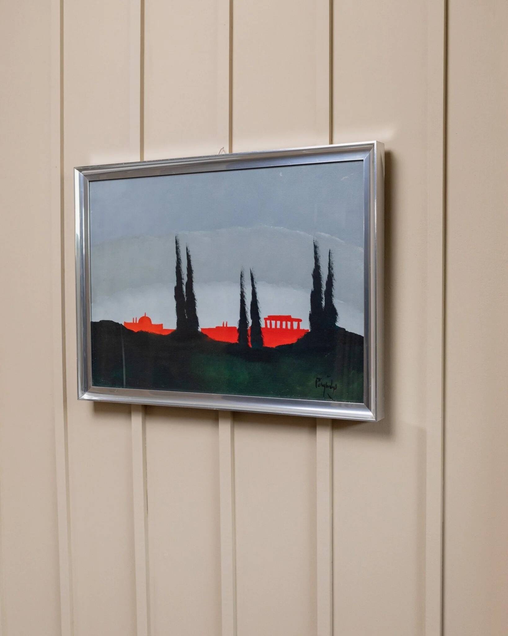 Peinture acrylique bleue sur toile par Vittorio Postiglione - skyline de Rome, cadre argenté, vintage des années 1980.