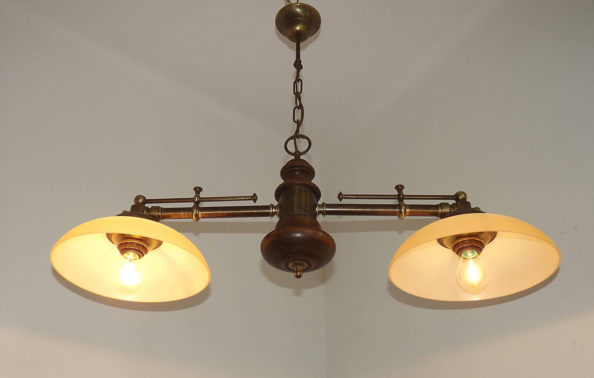 2 Light French Mid Century Extendable Billiard Light In Brass Wood & Glass