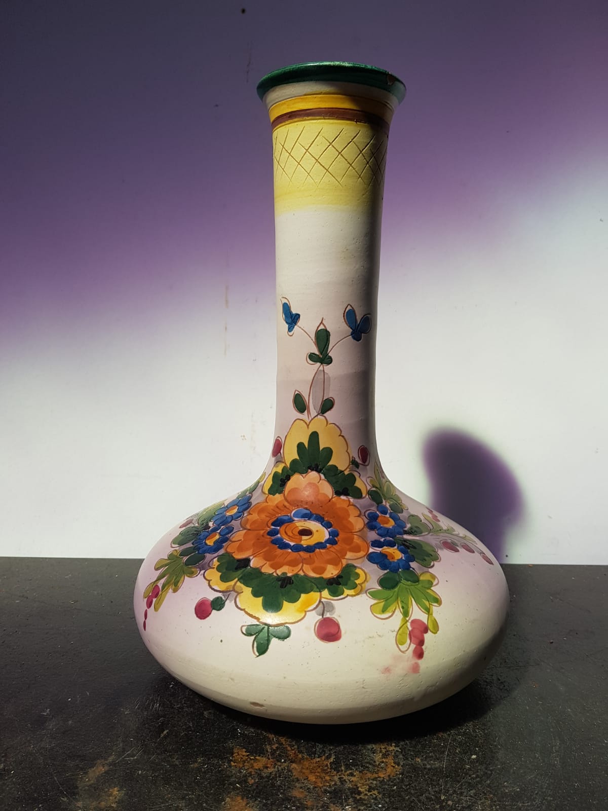 Ancient ceramic vase enamels decor flowers made in italy vintage