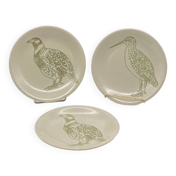 Trio d’assiettes plates vintage, Longchamp, bécasse faisan