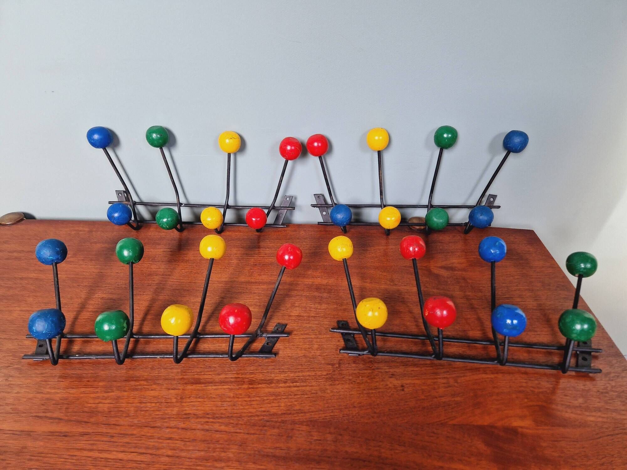 Vintage wall coat rack with 8 hooks in metal and wood (4 available), 1960s