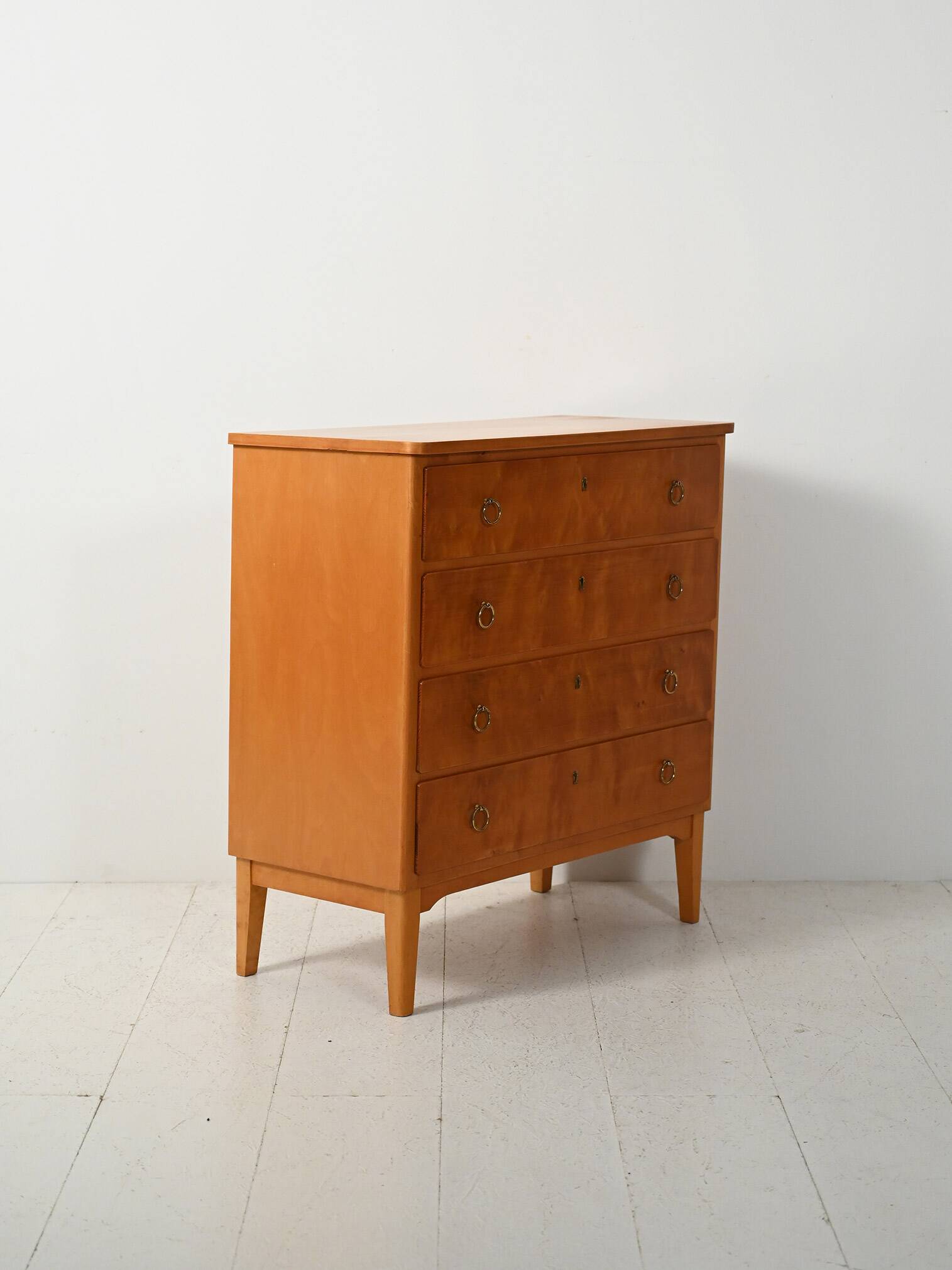 Scandinavian 1950s birch chest of drawers with brass handles