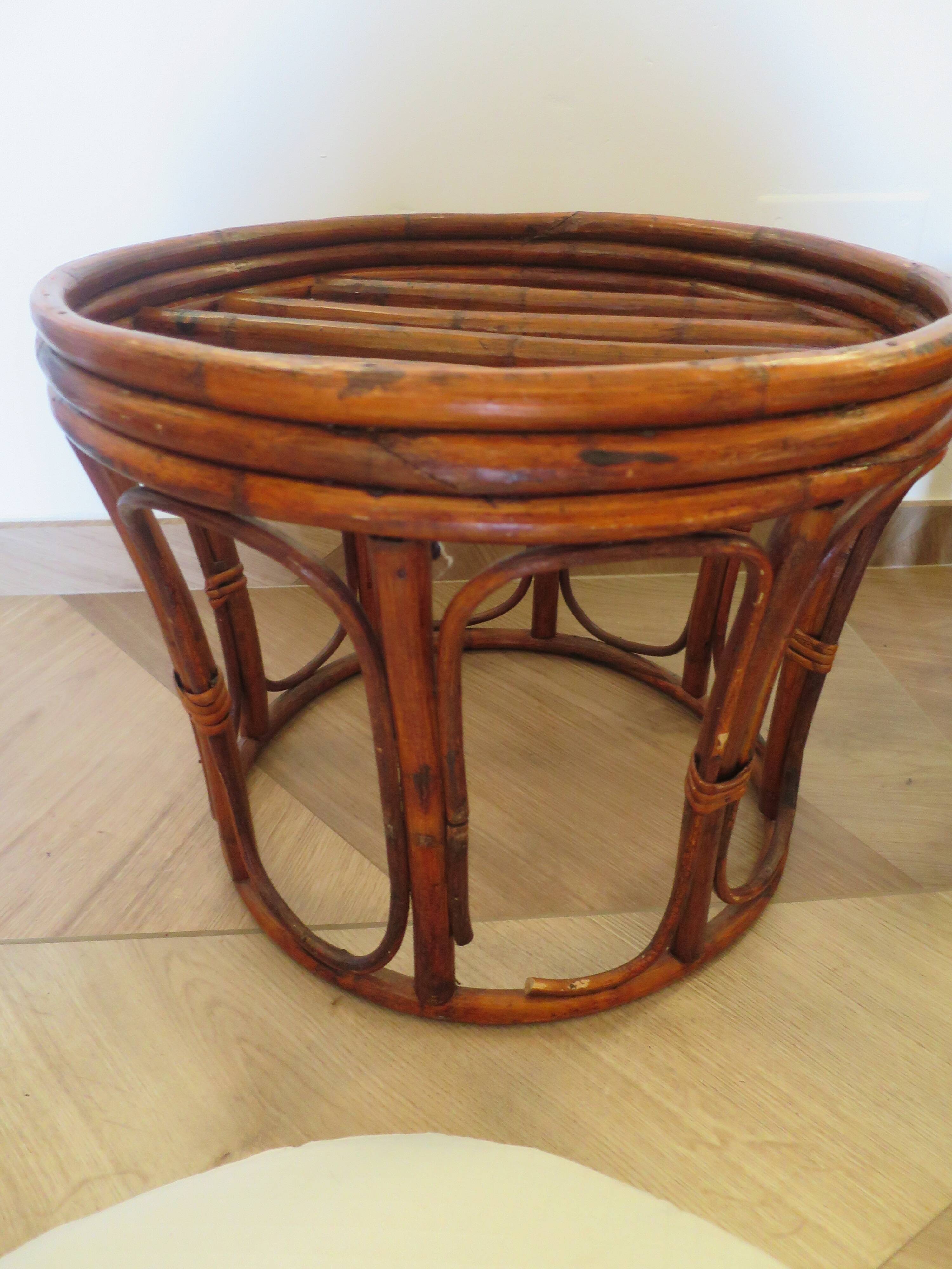 Pretty pair of 2 bamboo and rattan stools with cushions - 80s - Vintage - set of 2