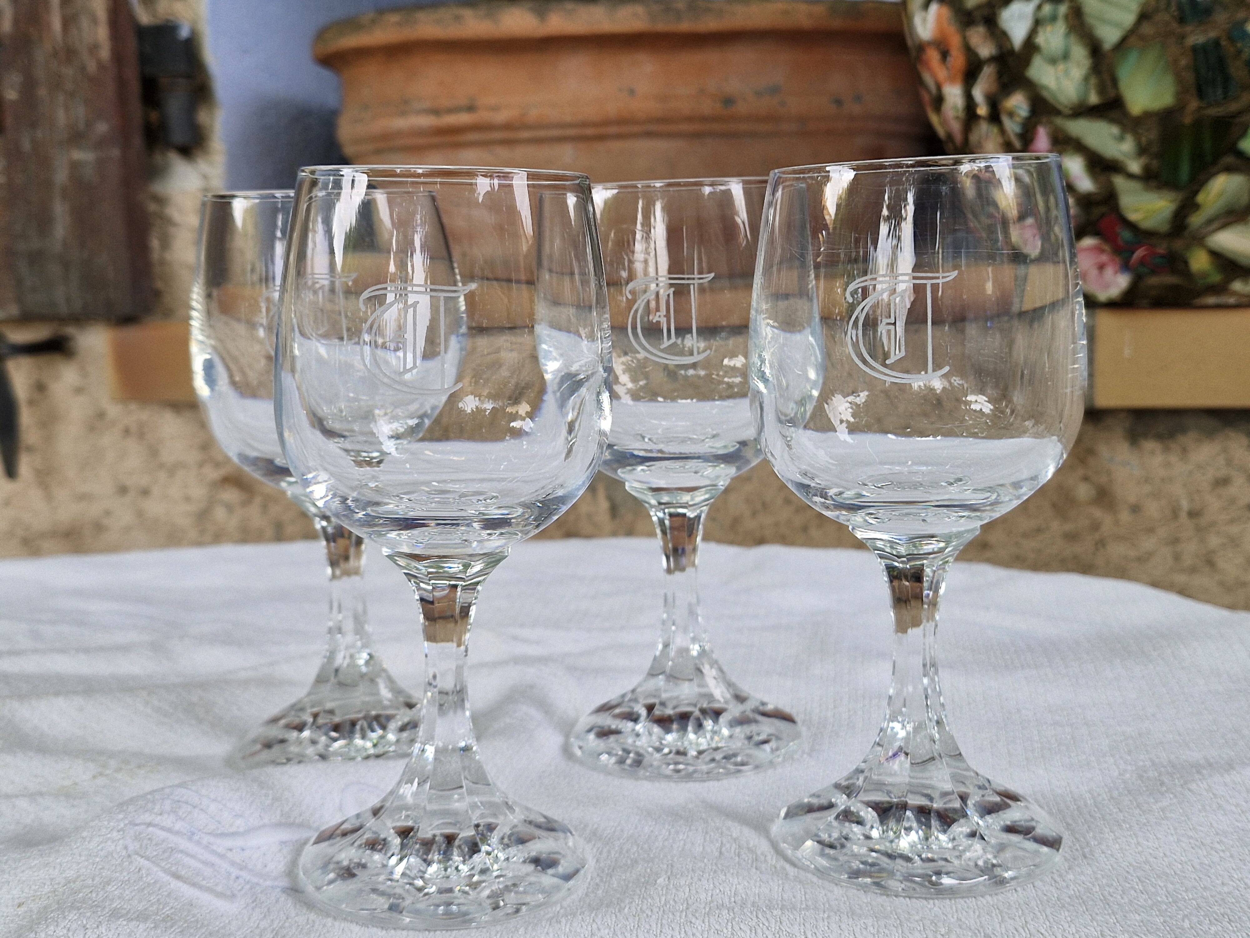 Vintage 10 Large Crystal Glasses - Engraved Logo - Cut Stem - Very Heavy