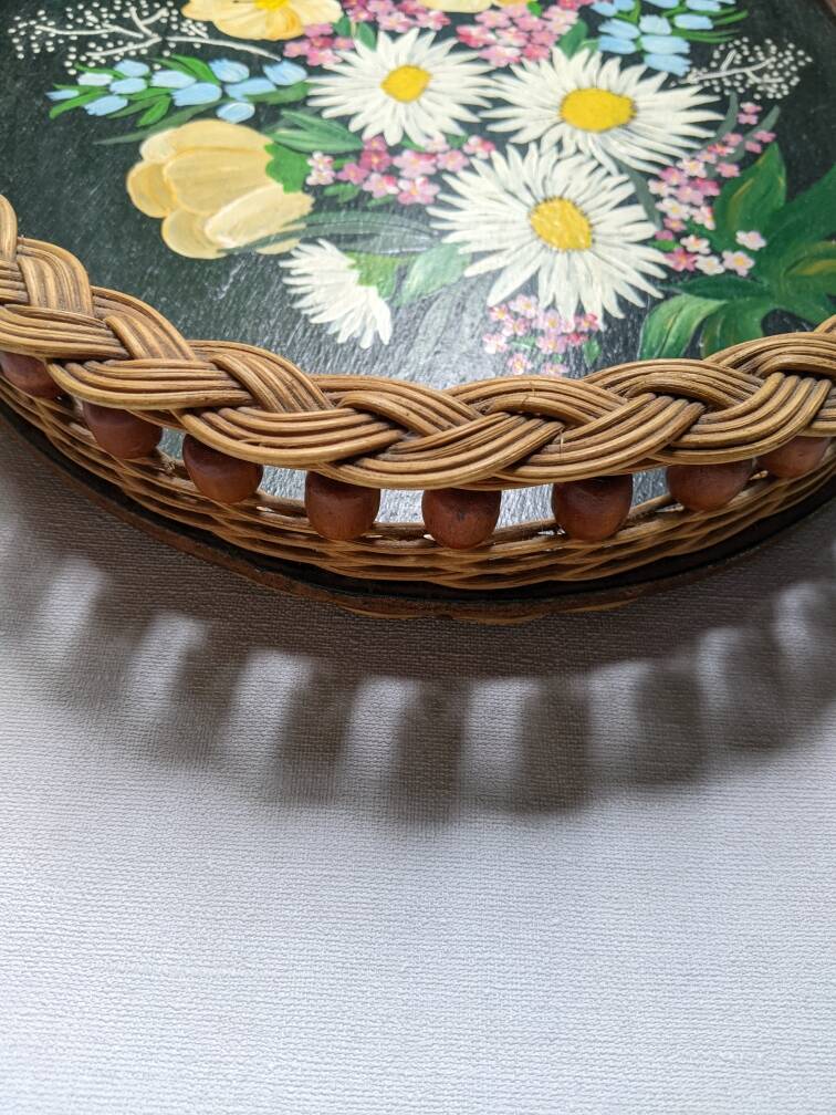 Serving tray with floral decoration, handmade braiding, bohemian countryside