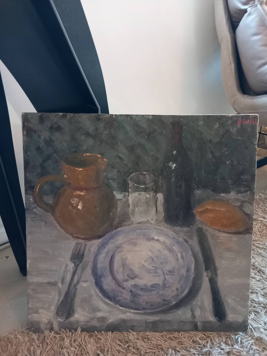 Oil painting. Still life with wine bottle